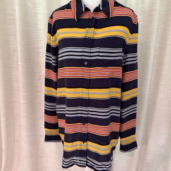 Equipment Femme Shirt Womens Small Navy Blue Striped 100% Silk Button‎ Up Top - Picture 3 of 15